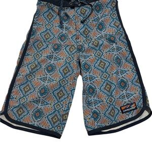 Patagonia Youth L Wavefarer Boardshorts Blue Geo Aztec Print Ecosurf Surf Beach